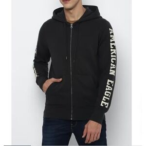 American Eagle Hoodie Mens L Black Logo Full Zip Cotton Blend Athleisure Active